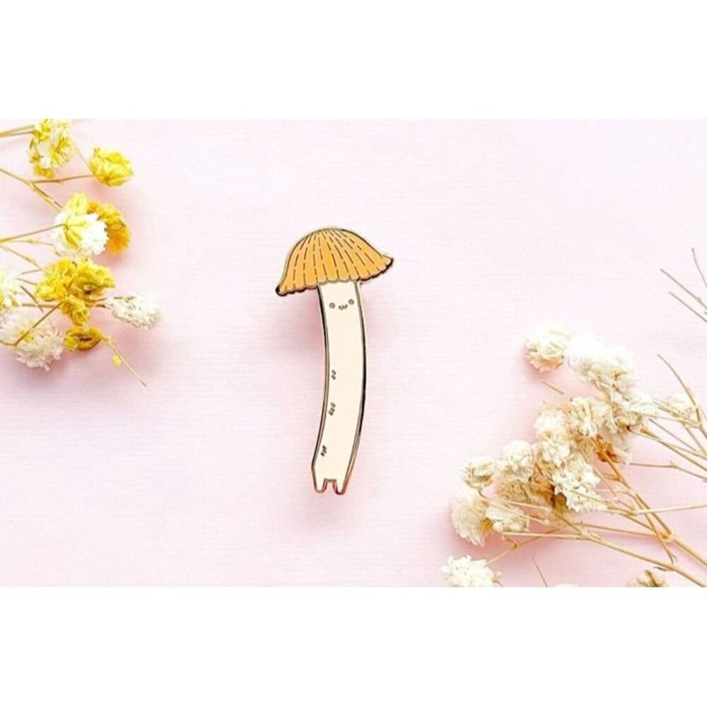 Chibi Orange Bonnet Mushroom Enamel Pin - Gold Plated Kawaii Jewelry & Brooch - Picture 9 of 9